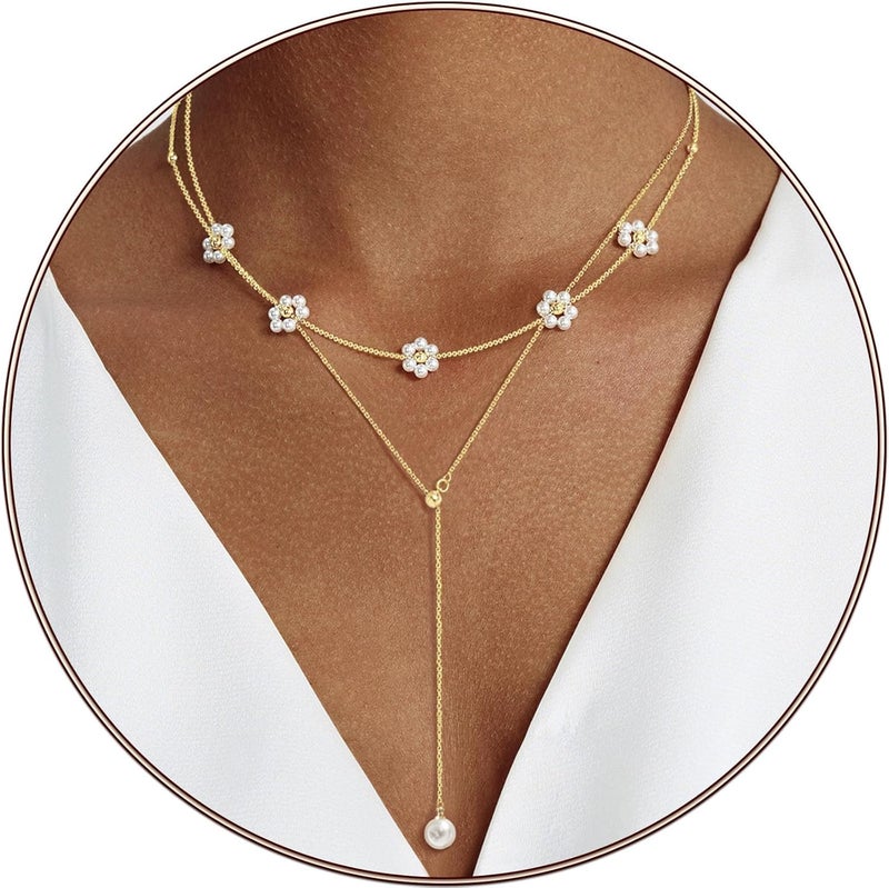 Partm Pearl Necklace for Women Trendy 14K Gold Plated Dainty Pearl Pendant Choker Set Handmade Pearl Gold Necklace Non Tarnish Simple Cute Jewelry Gifts for Women - Image 1